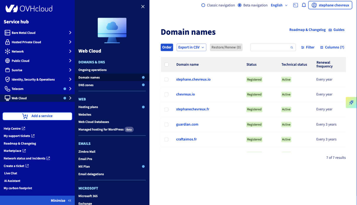 OVH Manager interface après Design System 2021
