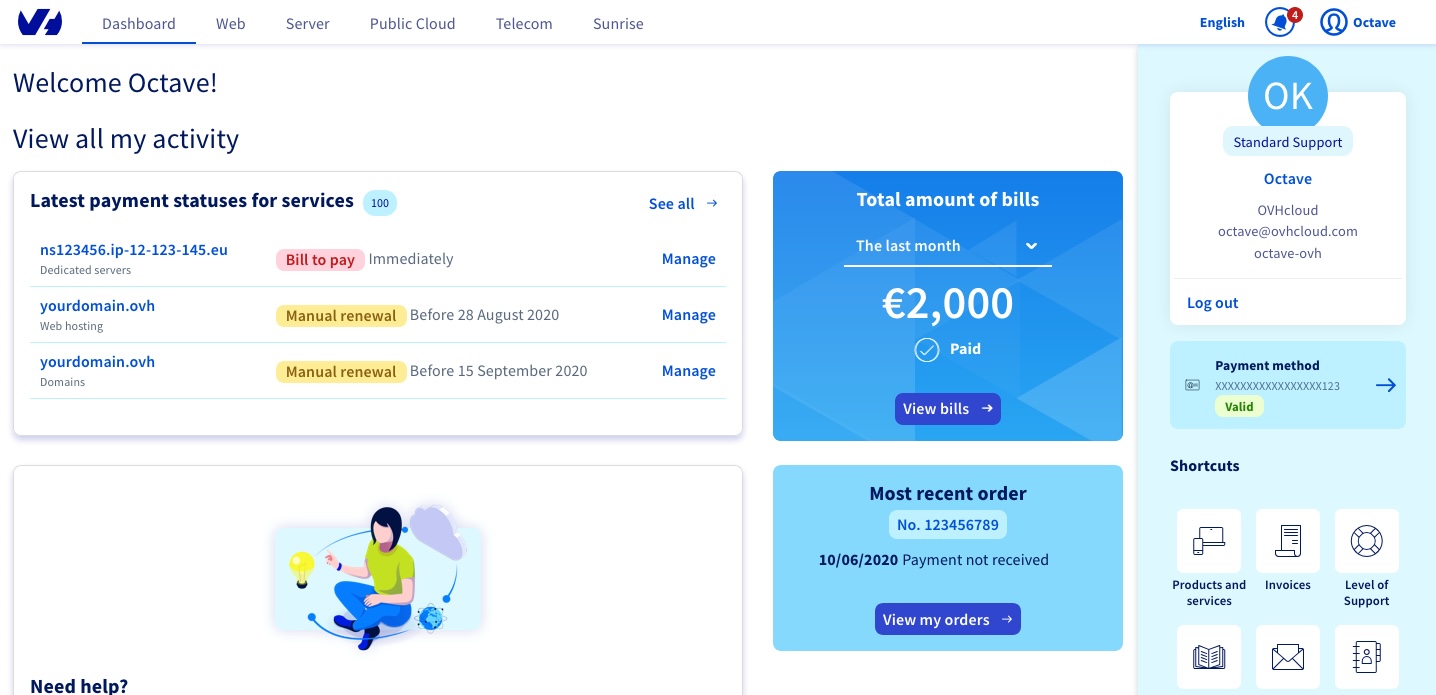 OVH Manager interface avant Design System 2018